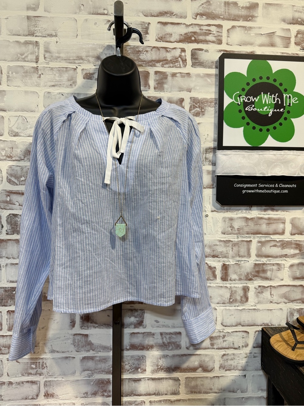 J. Crew Light Blue and White Striped Tie-Neck Blouse